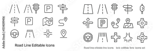 Editable line icons depicting road signs, parking symbols, and map indicators useful for various design projects