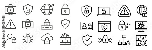 Collection of cybersecurity icons depicting safety measures, alerts, and digital protection elements in a modern design