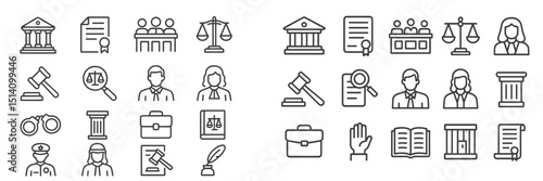 Collection of legal icons representing various aspects of law and justice in a minimalist design