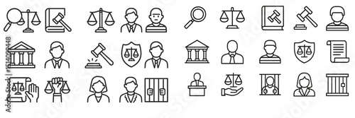 Legal symbols, courtroom icons, and justice representations in a simple black and white design on a light background