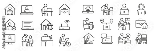 Illustration of remote work icons representing home office activities and digital communication in modern workplace settings