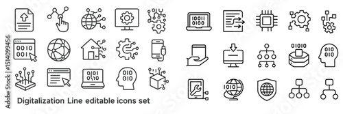Digitalization icons representing various technological concepts relevant to modern communication and data management
