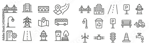Urban infrastructure icons representing city elements in simple line art format