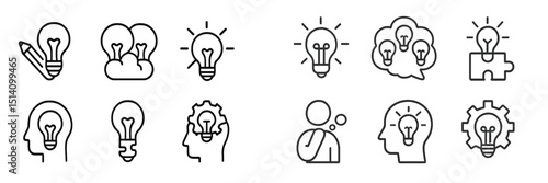 Creative icons representing ideas and innovation in various forms, including light bulbs and head silhouettes filled with imagination