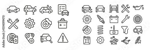 Collection of automotive maintenance icons representing vehicle repair tasks and tools in a clear graphic style