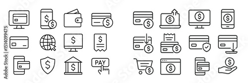 Icons representing various digital payment methods and financial transactions on a light background for online commerce