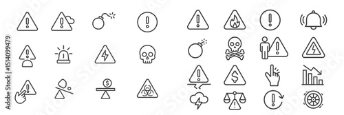Collection of warning symbols for various hazards including fire, health, and security threats in a clear design