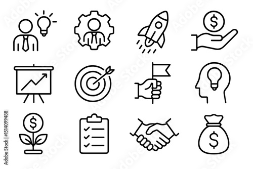 Business concepts related to growth, finance, and innovation depicted through icons in a minimalist style