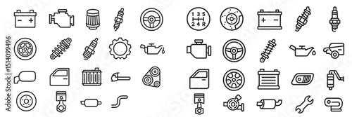 Collection of automotive icons representing various car parts and components displayed on a grid layout