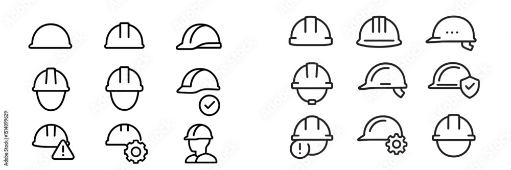 Multiple variations of construction helmets and hard hats depicting safety features and styles commonly used in building projects Multiple variations of construction helmets and hard hats depicting safety features and styles commonly used in building projects