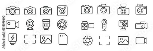Collection of camera and photography icons representing various devices and tools for capturing images and videos