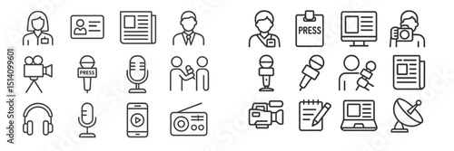 Collection of media icons representing journalism activities and tools for reporting news stories and information sharing