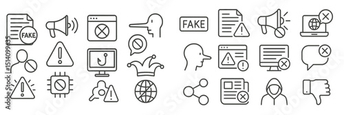 Digital symbols representing misinformation and alert icons in a modern context of social media and technology