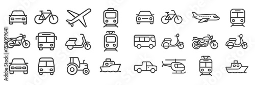 Various modes of transportation illustrated in simple line art, showcasing cars, bicycles, and more in a clean layout