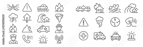Emergency response icons depicting various disaster scenarios and safety measures in a clear and simplistic design