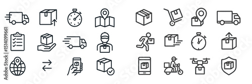 Logistics icons showing delivery processes, tools, and tracking methods in a simple linear style
