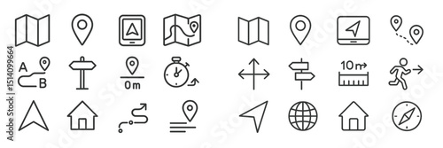 Collection of navigation and mapping icons illustrating various wayfinding tools and devices commonly used in travel applications