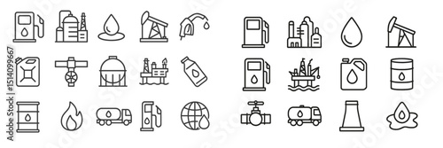 Collection of oil and gas industry icons representing various activities and equipment used in extraction and transportation