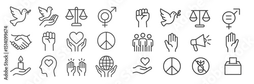 Diverse symbols of peace, justice, and equality showcased through minimalistic line art in a creative arrangement