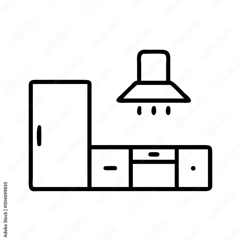 Modern minimalist kitchen set with refrigerator and hood, icon, vector 