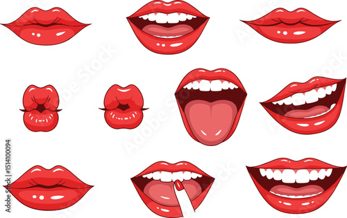 Red lips collection. Vector illustration of sexy woman's lips expressing different emotions, such as smile, kiss, half-open mouth, biting lip, lip licking, tongue out. Isolated on white.