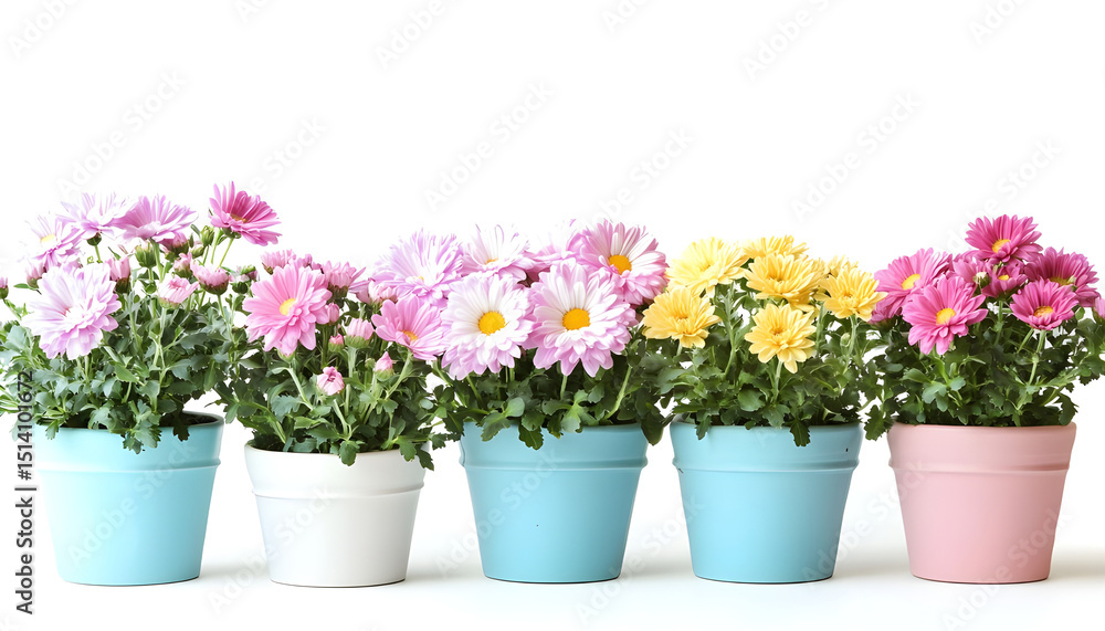 Naklejka premium Pots with beautiful colorful chrysanthemum flowers on white background