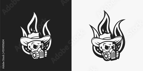 Skull head silhouette logo with hat on fire background