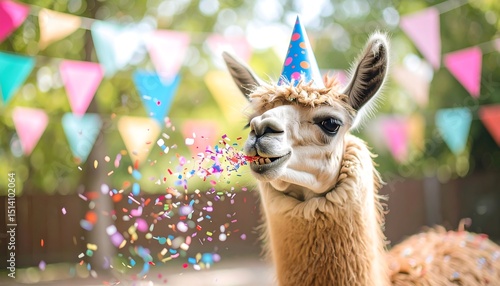 Llama with Party Hat and Confetti