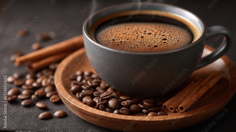 Aromatic Morning: A steaming cup of freshly brewed black coffee, nestled on a wooden plate, surrounded by fragrant coffee beans and cinnamon sticks, inviting a sensory experience. Aromatic Morning: A steaming cup of freshly brewed black coffee, nestled on a wooden plate, surrounded by fragrant coffee beans and cinnamon sticks, inviting a sensory experience.