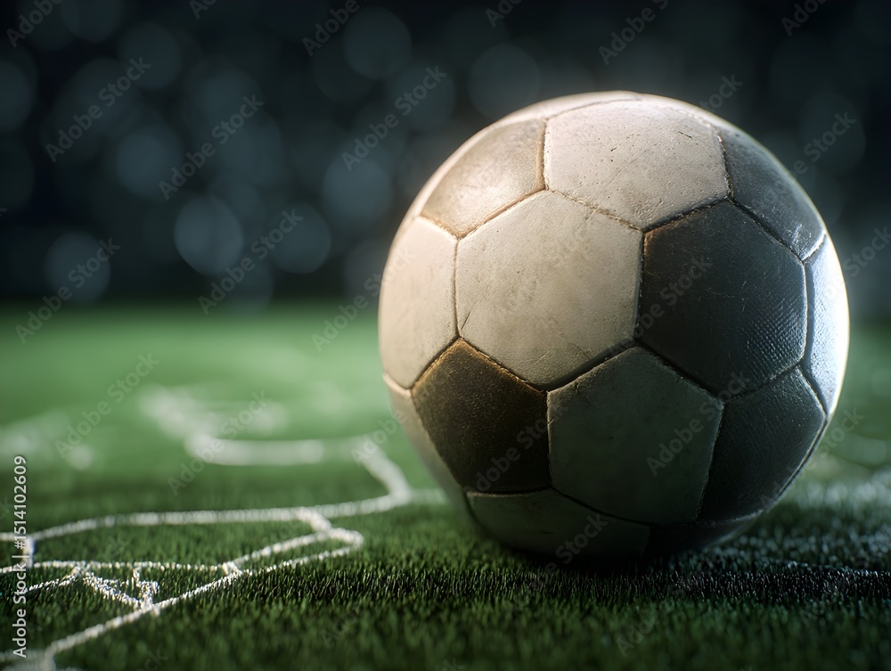 Fototapeta premium Soccer ball spinning in side profile shot with hyper-realistic details, capturing the essence of athleticism