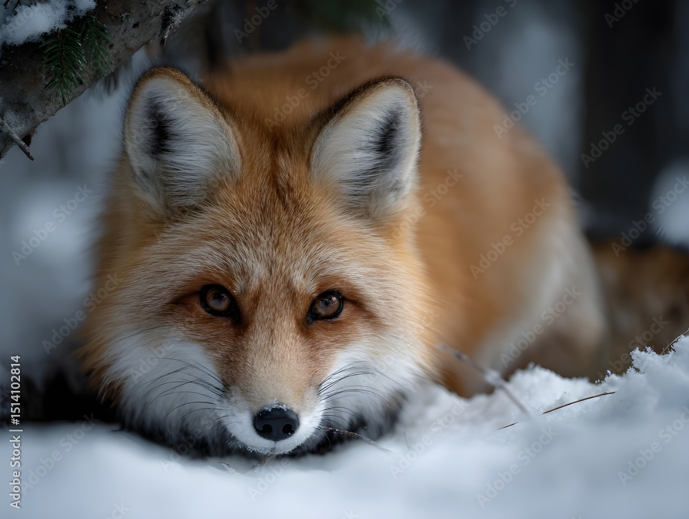 Obraz premium Witness the Majestic Red Fox Crouching in Natural Habitat Eye-Level Wildlife Photography Captures Intricate Fur Details Intense Gaze and Authentic Forest Ambience for Nature Lovers