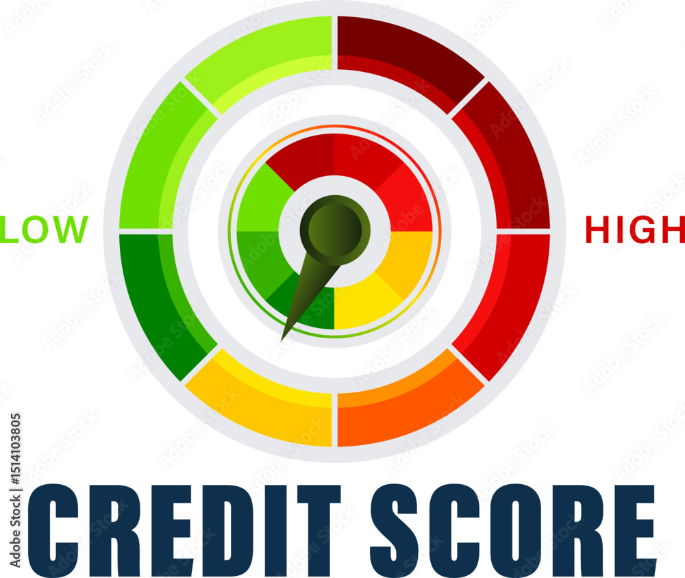 Credit Score Monitoring Dial Illustration with Indicator Arrow from Low to High Financial Health vector Credit Score Monitoring Dial Illustration with Indicator Arrow from Low to High Financial Health vector