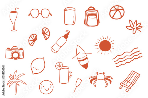 Hand drawn doodle redstyle summer vacation travel illustration set. Greek and Italian coast sea beach elements. Sea weekend art for invitations to party and wedding. Chalk charcoal style designs.