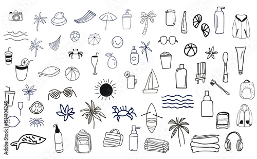 Hand drawn doodle style black summer vacation travel illustration set. Greek and Italian coast sea beach elements. Sea weekend art for invitations to party and wedding. Chalk charcoal style designs.