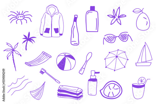 Hand drawn doodle style purple summer vacation travel illustration set. Greek and Italian coast sea beach elements. Sea weekend art for invitations to party and wedding. Chalk charcoal style designs.