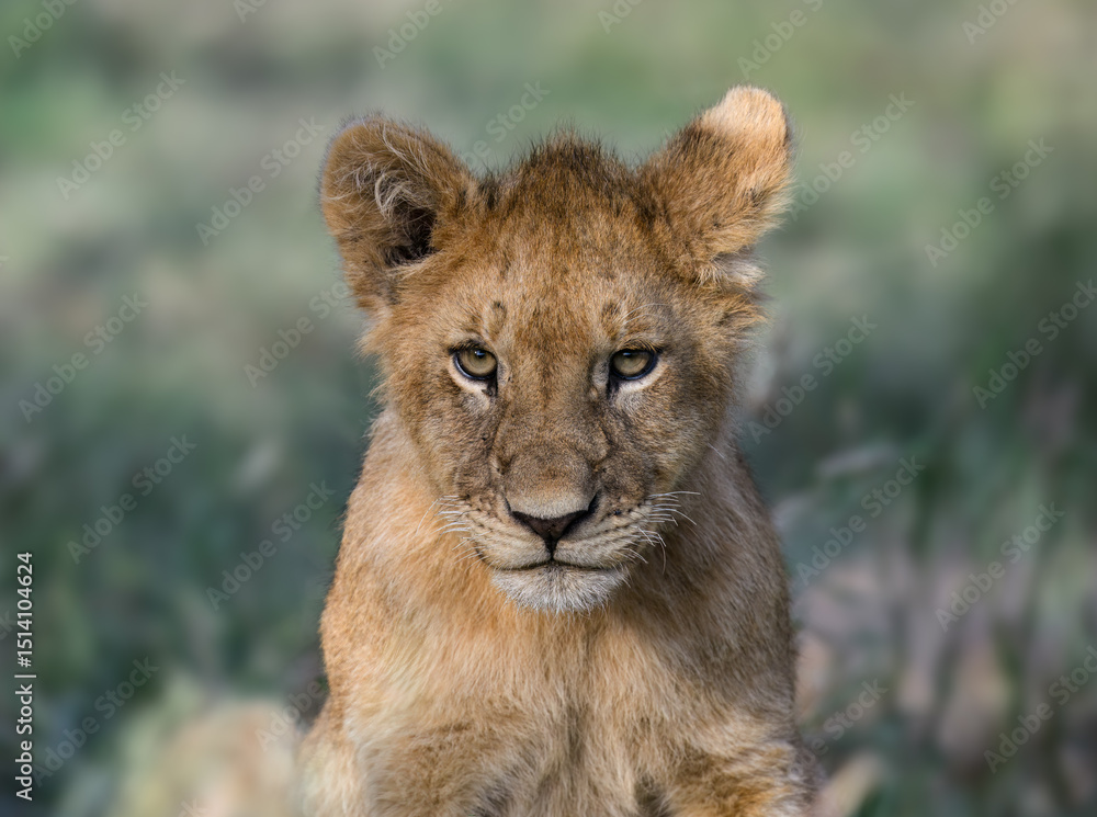 Fototapeta premium Young Lion Cub closeup portrait in African Savanna on blur background