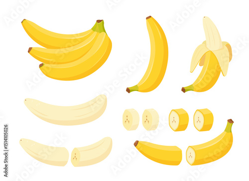 Set of yellow banana fruits icons. Whole and half bananas and pieces. Organic tropical peeled banana for juice, smoothie or healthy food. Vector illustration isolated on white background.