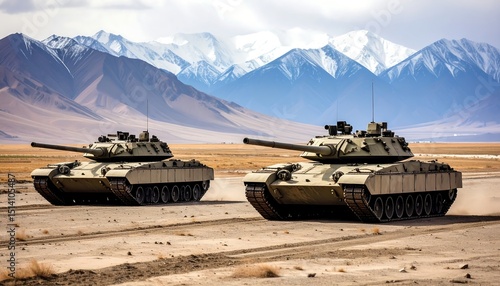 Two Tanks Moving Across a Desert Landscape