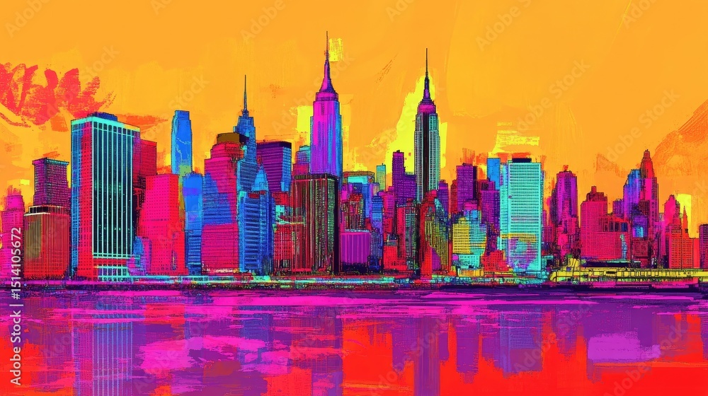 Fototapeta premium Stylized city skyline with tall skyscrapers reflected on water under vibrant multicolored sunset sky in abstract painting style. Generative by AI