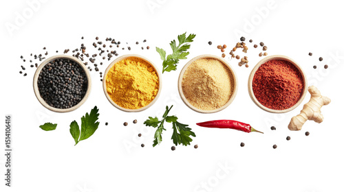 Assortment of spices in bowls with herbs and chili pepper on white  