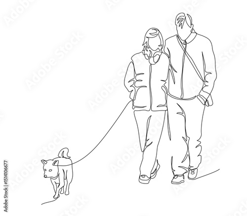 Couple woman and man with dog walking. Wear jackets. Front view. Continuous line drawing. Black and white vector illustration in line art style.
