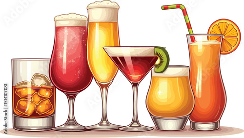 Assorted cocktail drinks illustration: refreshing summer cocktails and mixed drinks for party and bar menu