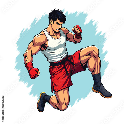 Cartoon muscular fighter martial arts training kickboxing workout illustration for health and fitness