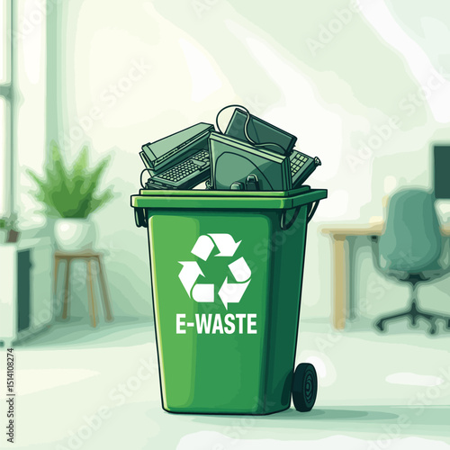 E waste recycling concept showing green bin full of discarded electronics for responsible disposal