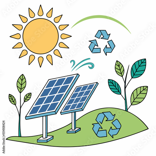 Vector art illustration of solar panels with sun, recycle symbols, and plants on a green hill landscape view