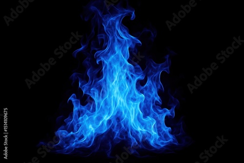 Intense vibrant blue flames erupting and swirling dynamically isolated on a stark black background creating a powerful and mesmerizing abstract fire element.
