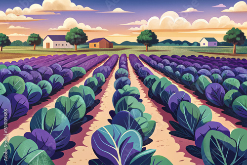 Amazing Rows of leafy green crops growing in a field under a bright sky vector, possibly cabbage illustration