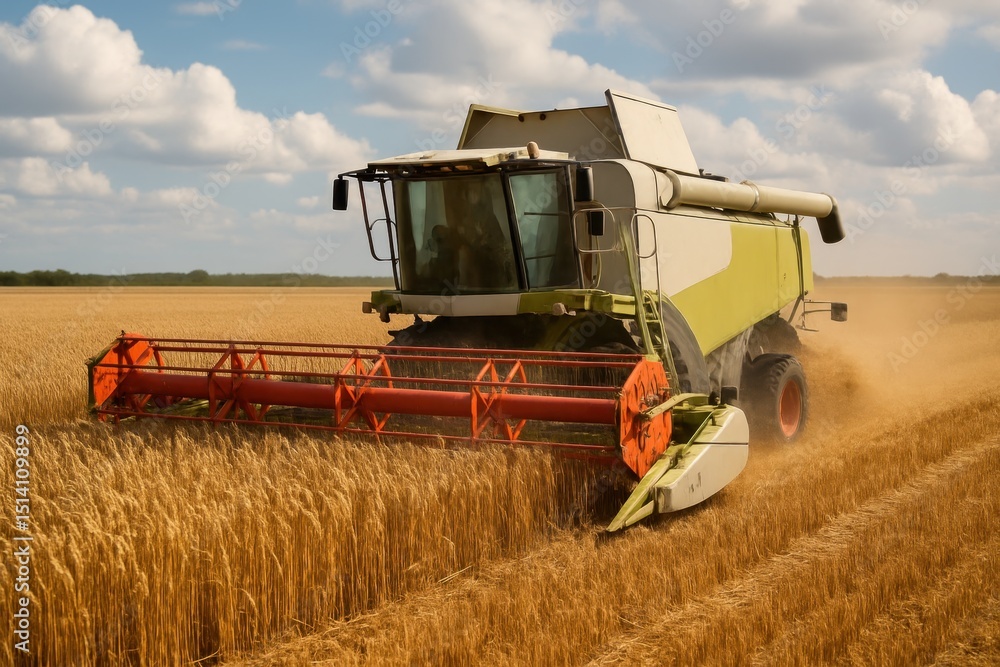 Obraz premium Massive combine harvester efficiently cutting and threshing a vast golden field of ripe wheat under a clear blue sky during peak harvest season AI generative art.