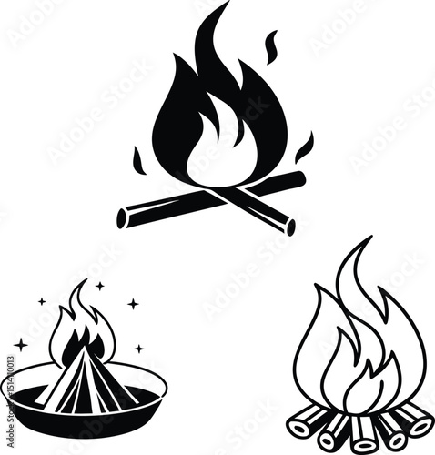 Three stylized campfire illustrations in black and white with varying designs