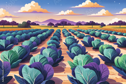 Amazing Rows of leafy green crops growing in a field under a bright sky vector, possibly cabbage illustration